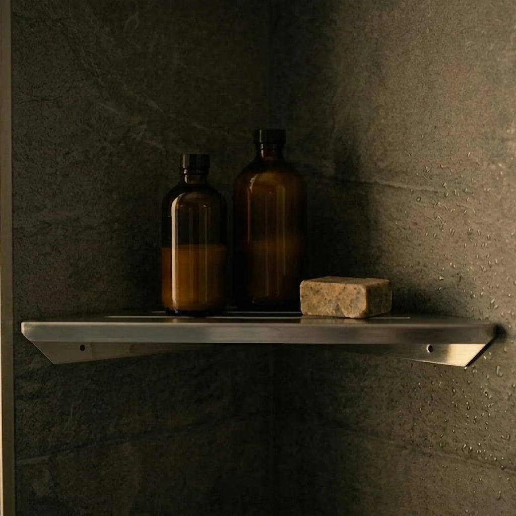 Étagère d'angle de douche en inox 304 argent, avec flacons et savon