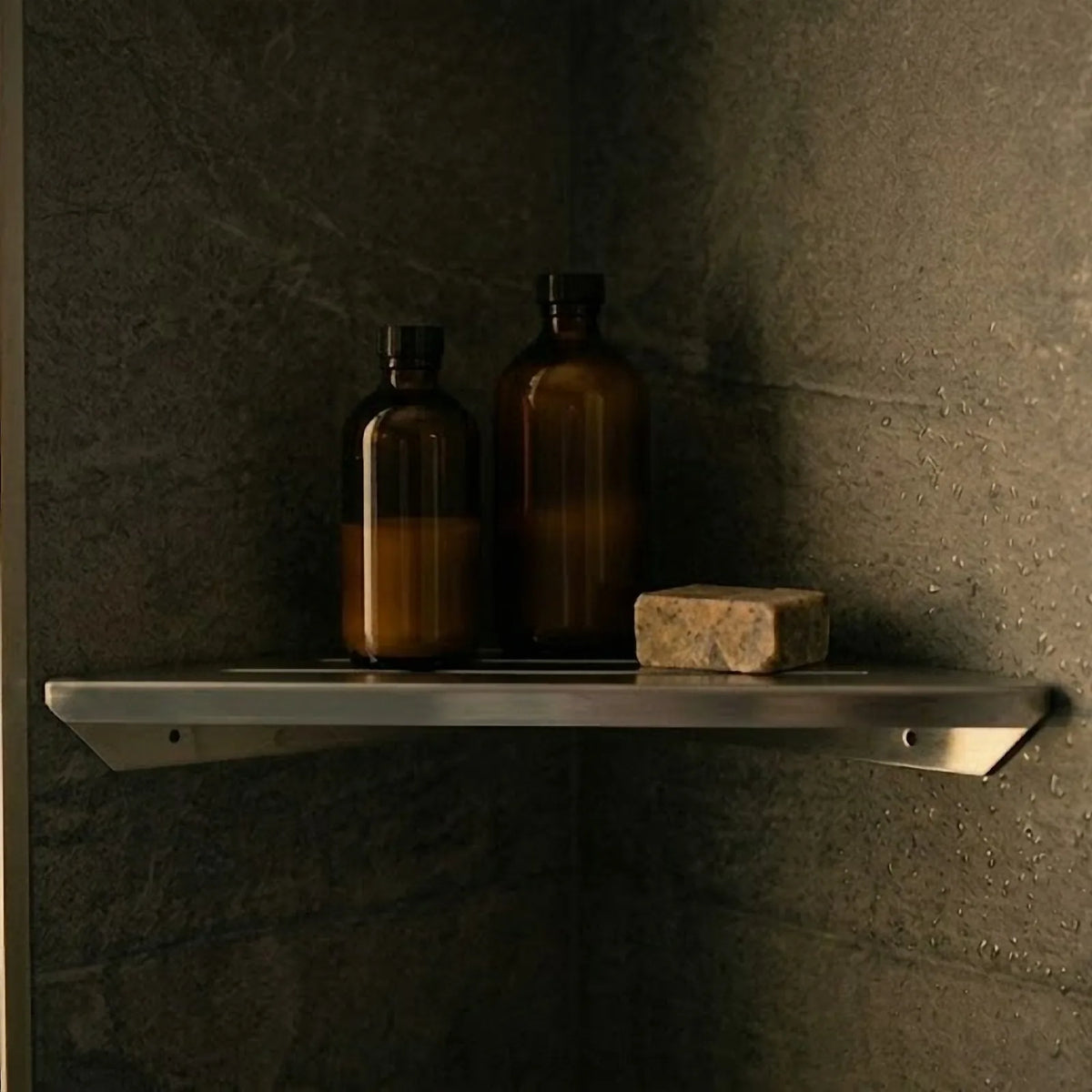Étagère d'angle de douche en inox 304 argent, avec flacons et savon