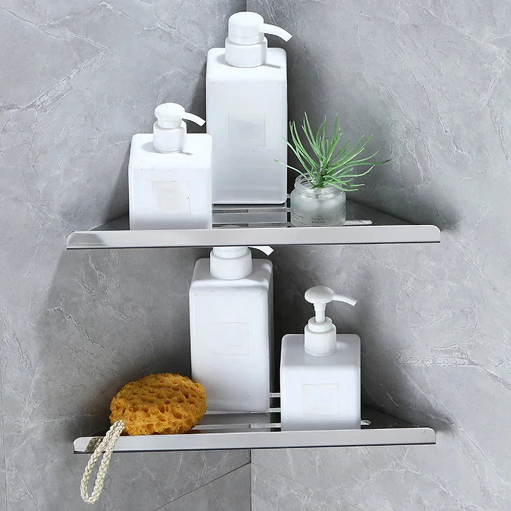 Étagères d'angle de douche en inox argent avec flacons, plante et éponge (vendues à l'unité)