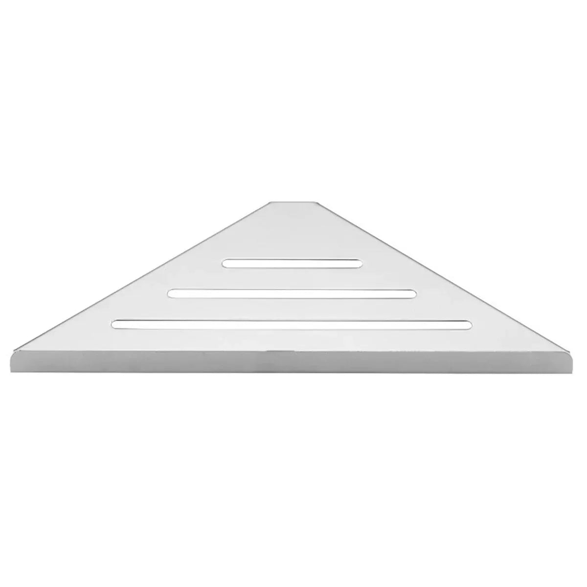 Étagère d'angle en inox argent avec 3 fentes d'écoulement, sur fond blanc