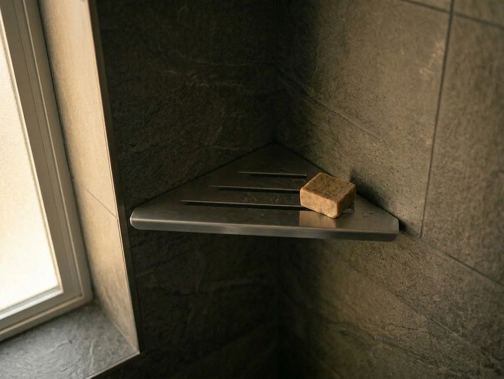Étagère d'angle en inox vue de dessus, avec ses 3 fentes d'écoulement