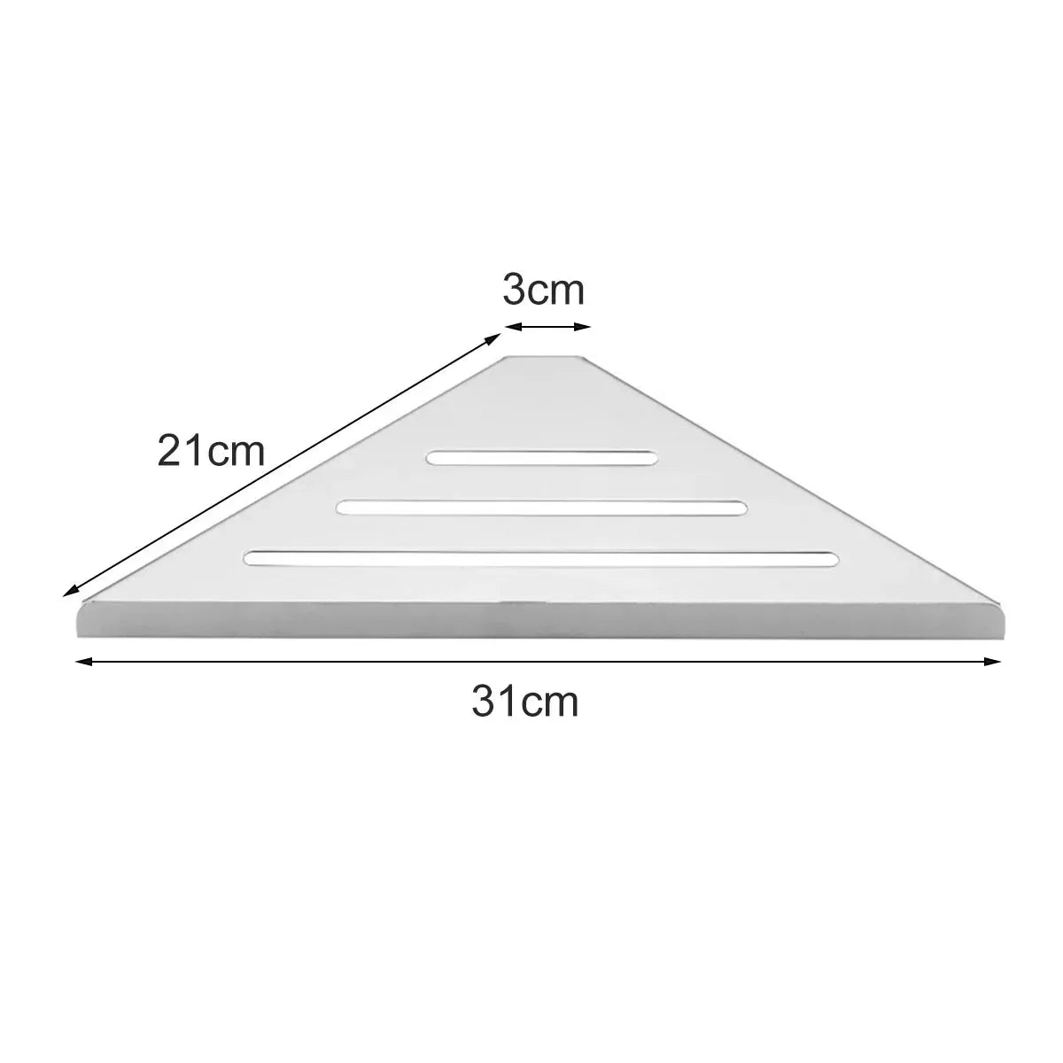 Dimensions de l'étagère d'angle en inox : 31 cm en façade, 21 cm de côté, 3 cm de haut