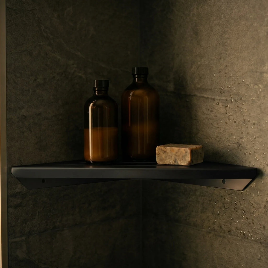 Étagère d'angle de douche en inox finition noire mate, avec flacons et savon