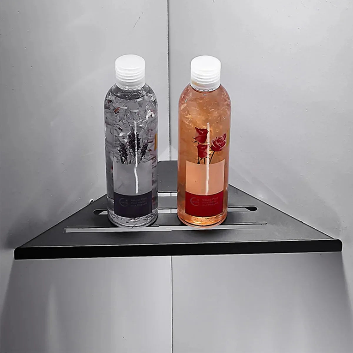 Étagère d'angle de douche en inox finition noire avec deux flacons