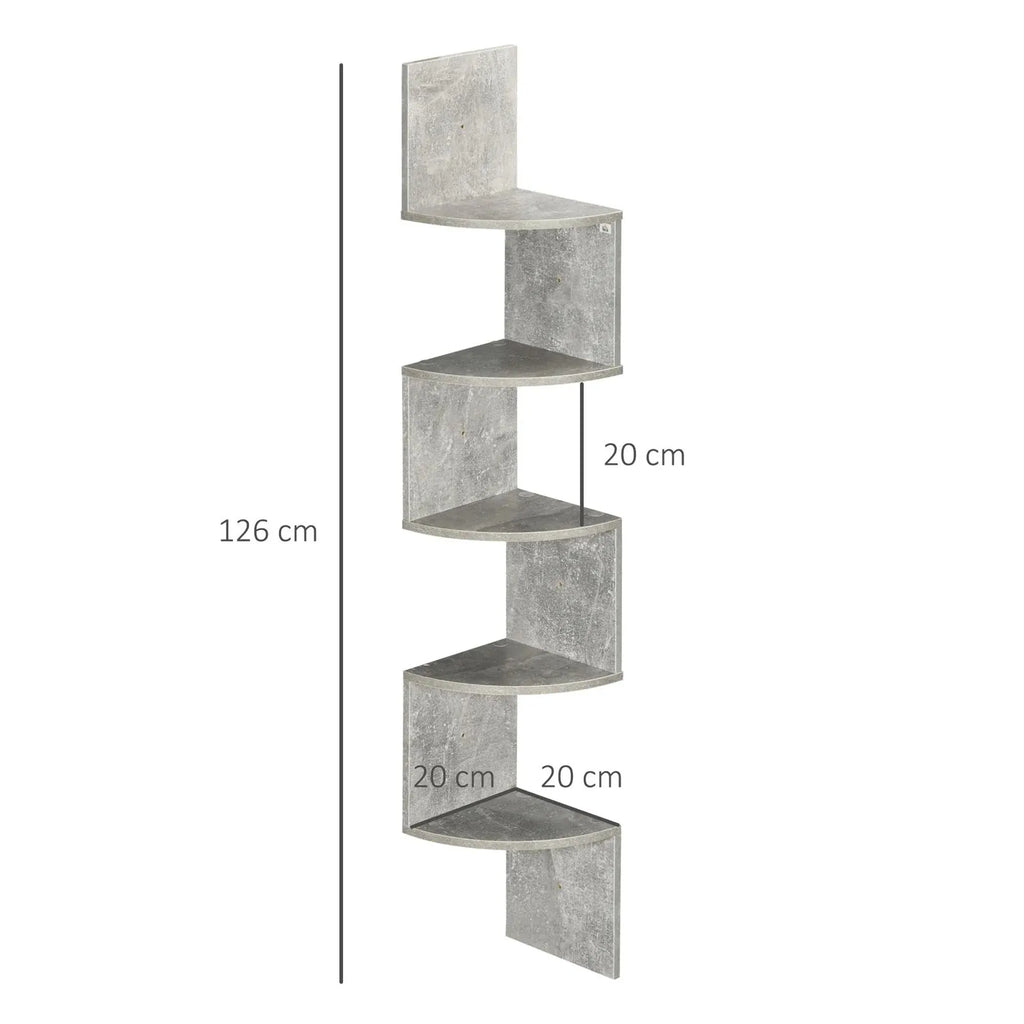 Dimensions de l'étagère d'angle zigzag : 126 cm de haut, 20 x 20 cm, 20 cm entre les niveaux