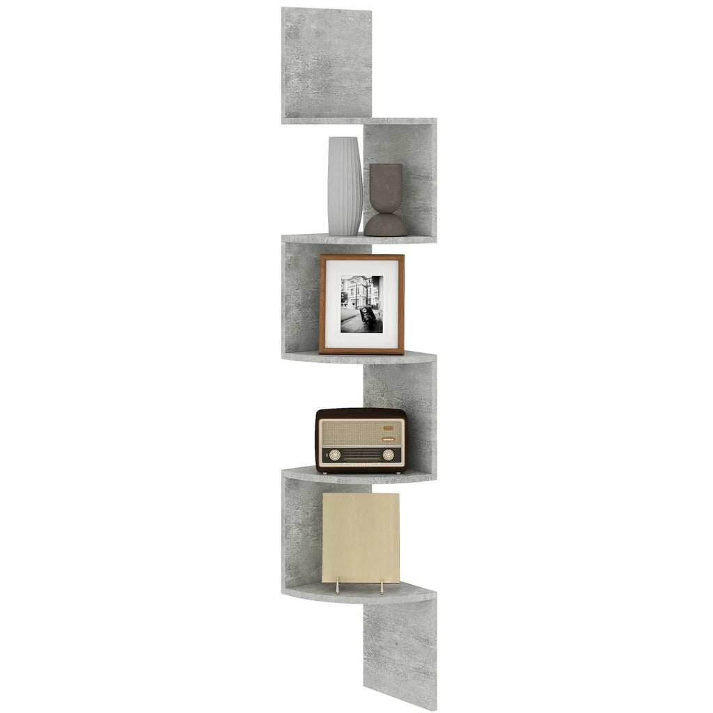 Étagère d'angle zigzag 5 niveaux grise sur fond blanc, avec cadre et radio