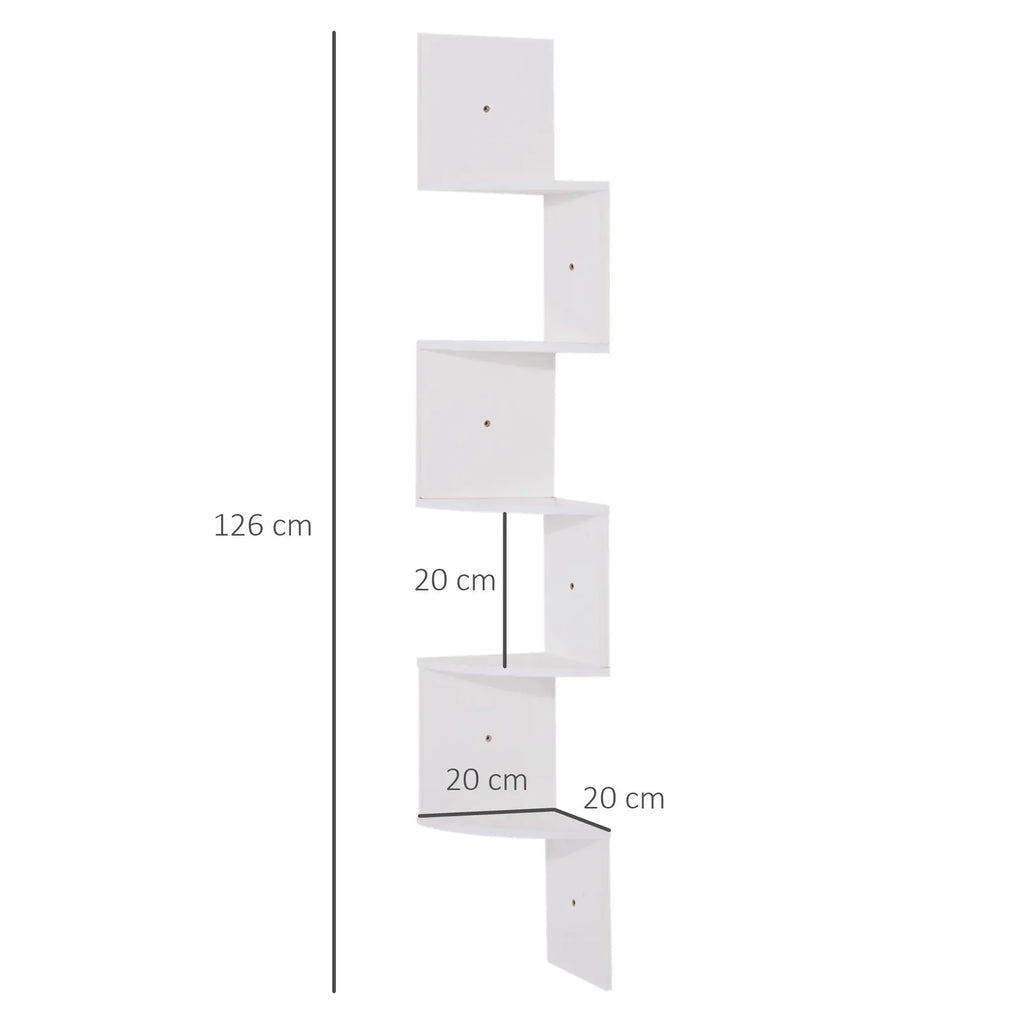 Dimensions de l'étagère d'angle zigzag blanche : 126 cm de haut, 20 x 20 cm, 20 cm entre les niveaux