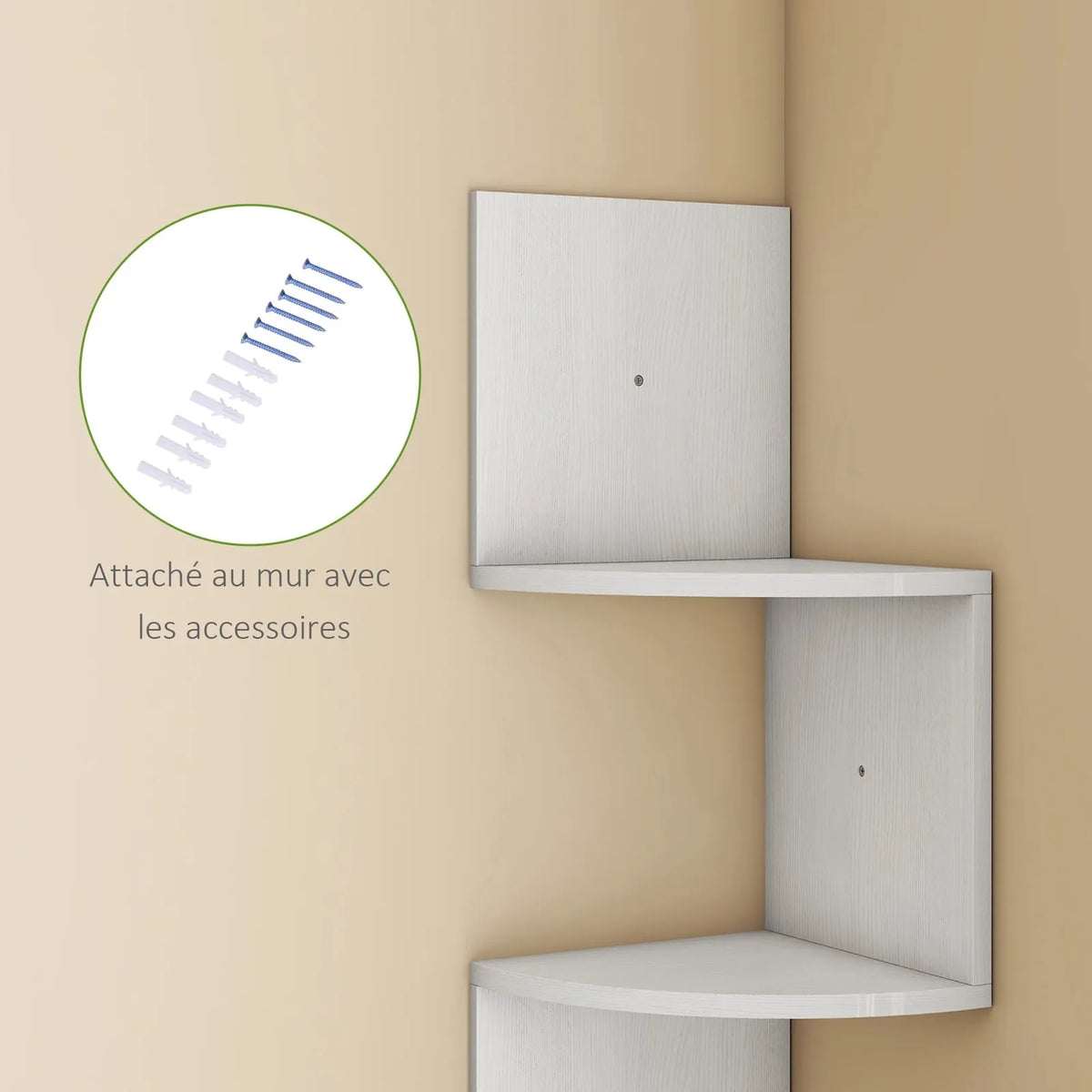 Étagère d'angle zigzag blanche fixée au mur, avec les vis et chevilles fournies