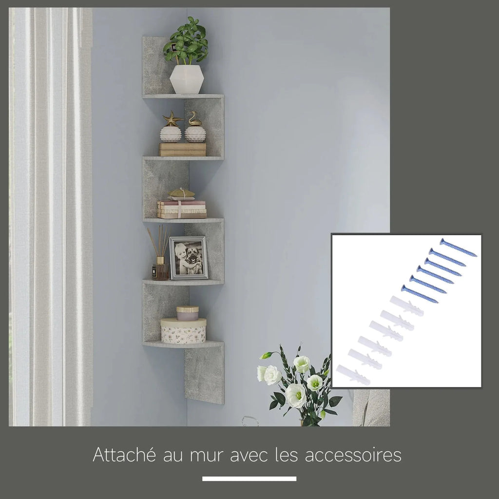 Étagère d'angle zigzag grise fixée au mur, avec les vis et chevilles fournies
