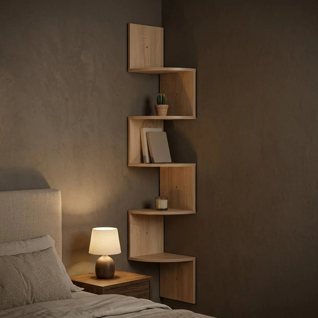 Étagère d'angle zigzag chêne clair dans une chambre, avec cactus, livres et bougie, à côté d'un lit en lin et d'une lampe de chevet