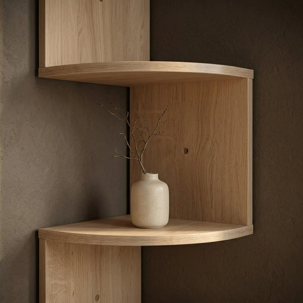 Gros plan sur deux niveaux de l'étagère d'angle zigzag chêne clair : veinage bois et avant arrondi de la tablette, avec un vase crème