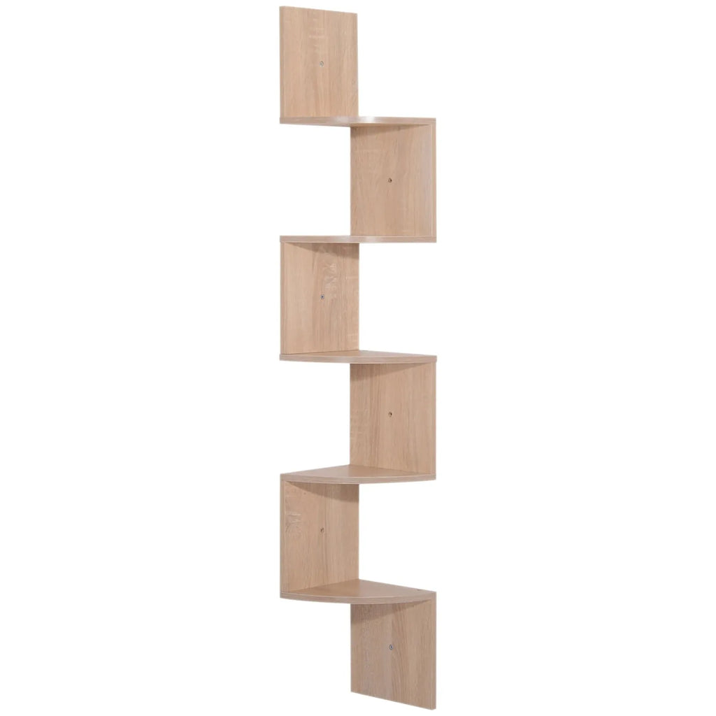 Étagère d'angle zigzag 5 niveaux chêne clair sur fond blanc
