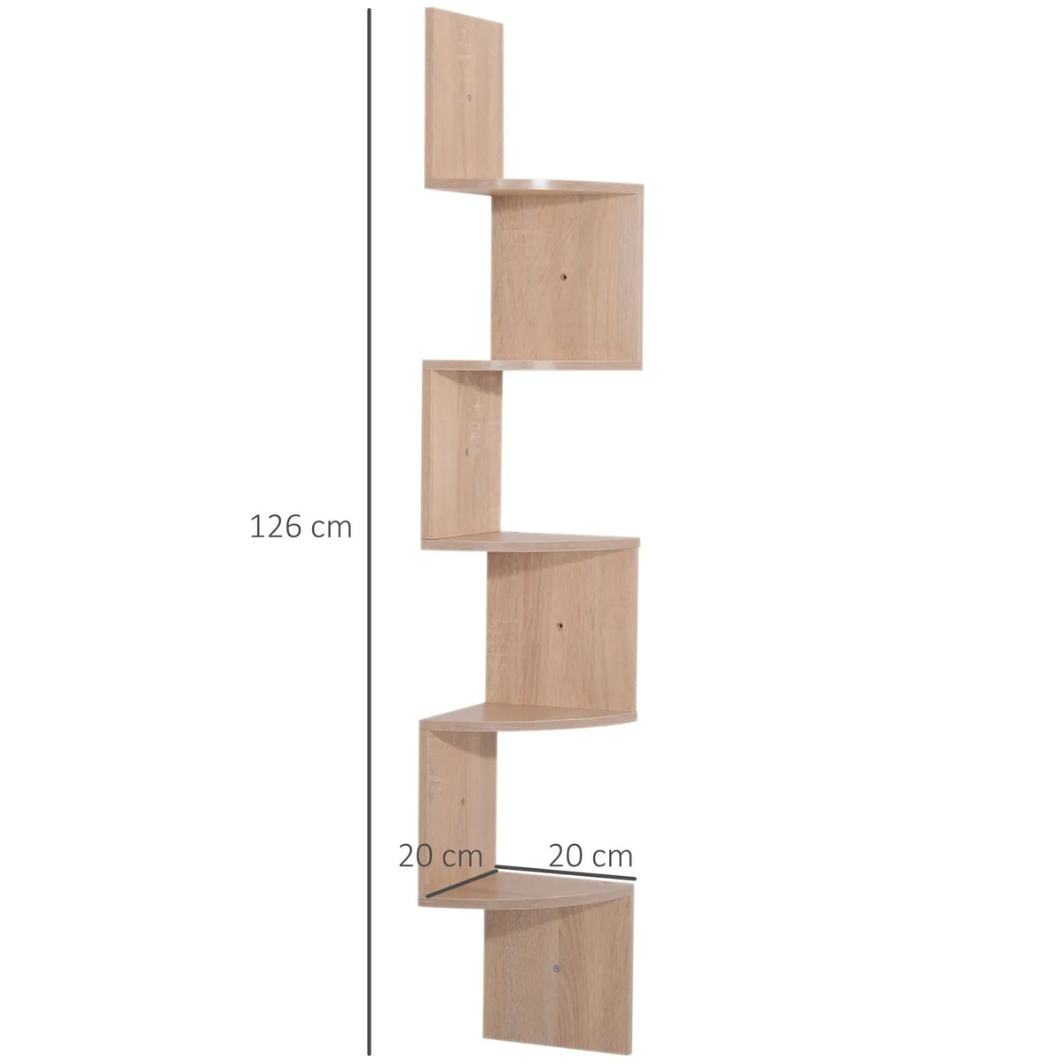Dimensions de l'étagère d'angle zigzag chêne clair : 126 cm de haut, 20 x 20 cm