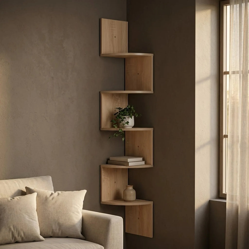 Étagère d'angle murale zigzag 5 niveaux chêne clair dans l'angle d'un salon, avec plante, livres et vase en grès, à côté d'un canapé en lin