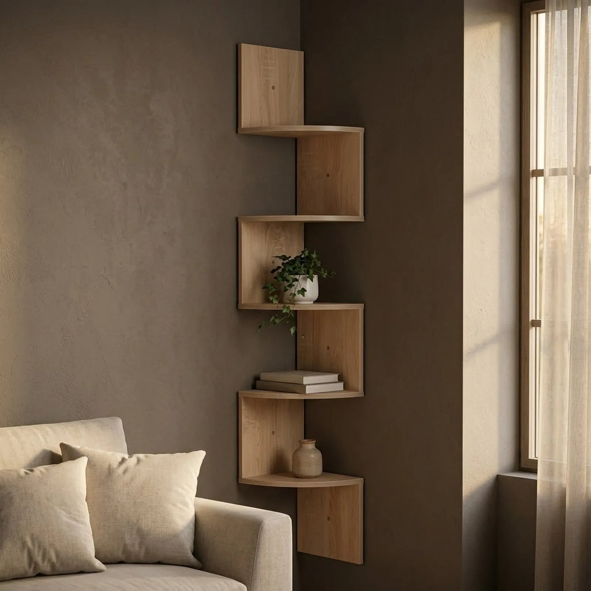 Étagère d'angle murale zigzag 5 niveaux chêne clair dans l'angle d'un salon, avec plante, livres et vase en grès, à côté d'un canapé en lin