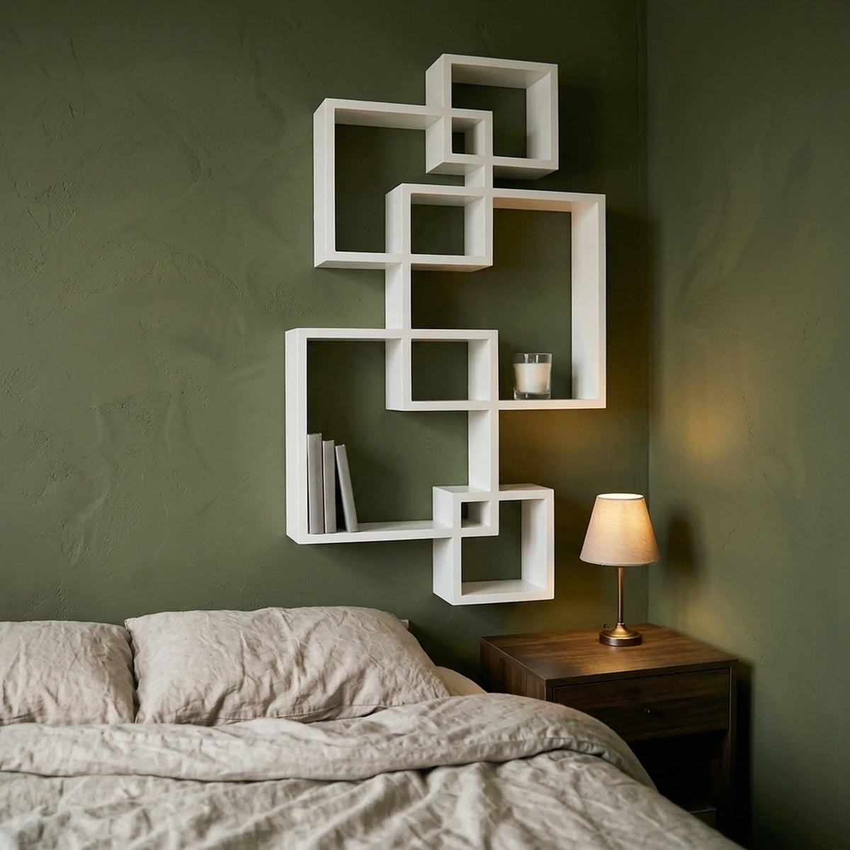Étagère murale 5 cubes blanche HOMCOM dans une chambre au-dessus d'une table de chevet Image