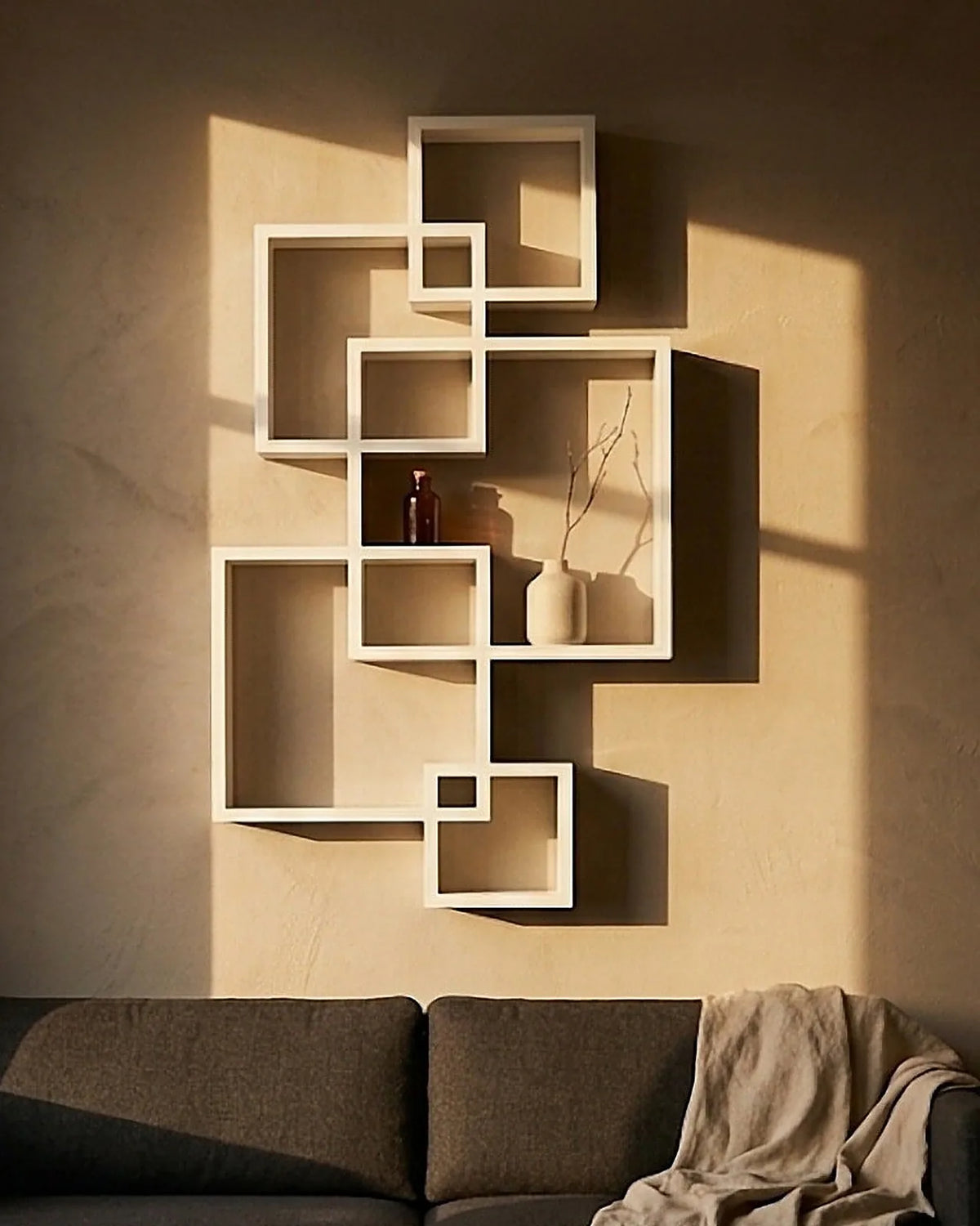 Étagère murale 5 cubes blanche HOMCOM au-dessus d'un canapé, cubes imbriqués avec un vase et un flacon ambré