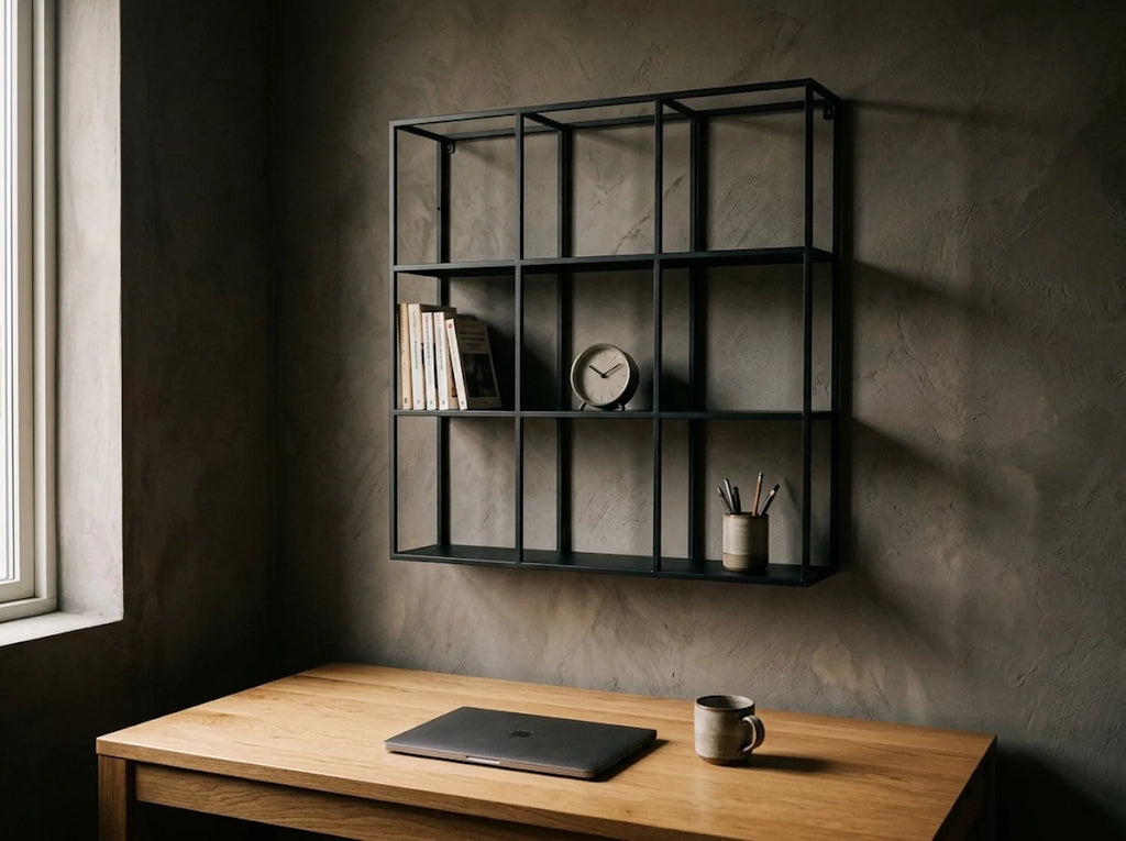 Étagère murale 9 cases en métal noir au-dessus d'un bureau en chêne, avec livres, horloge et pot à crayons