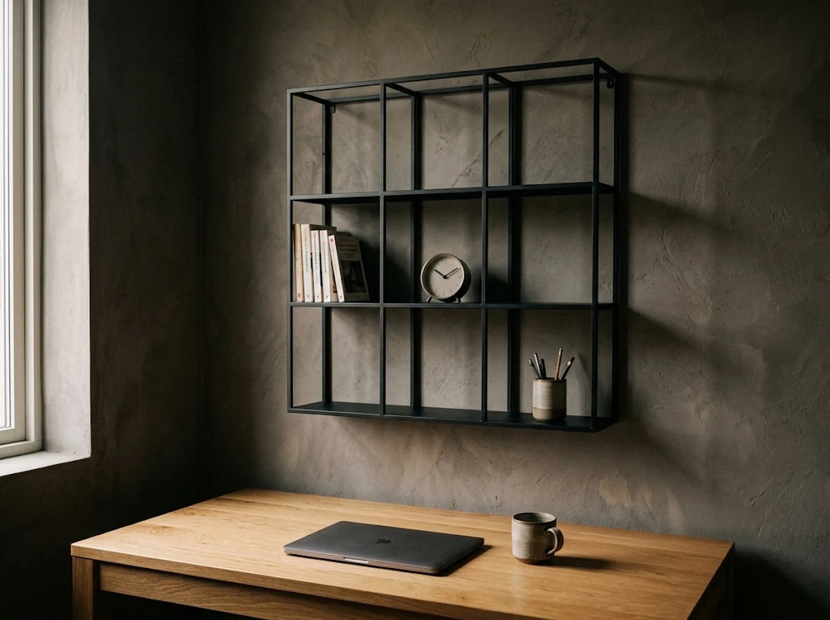 Étagère murale 9 cases en métal noir au-dessus d'un bureau en chêne, avec livres, horloge et pot à crayons