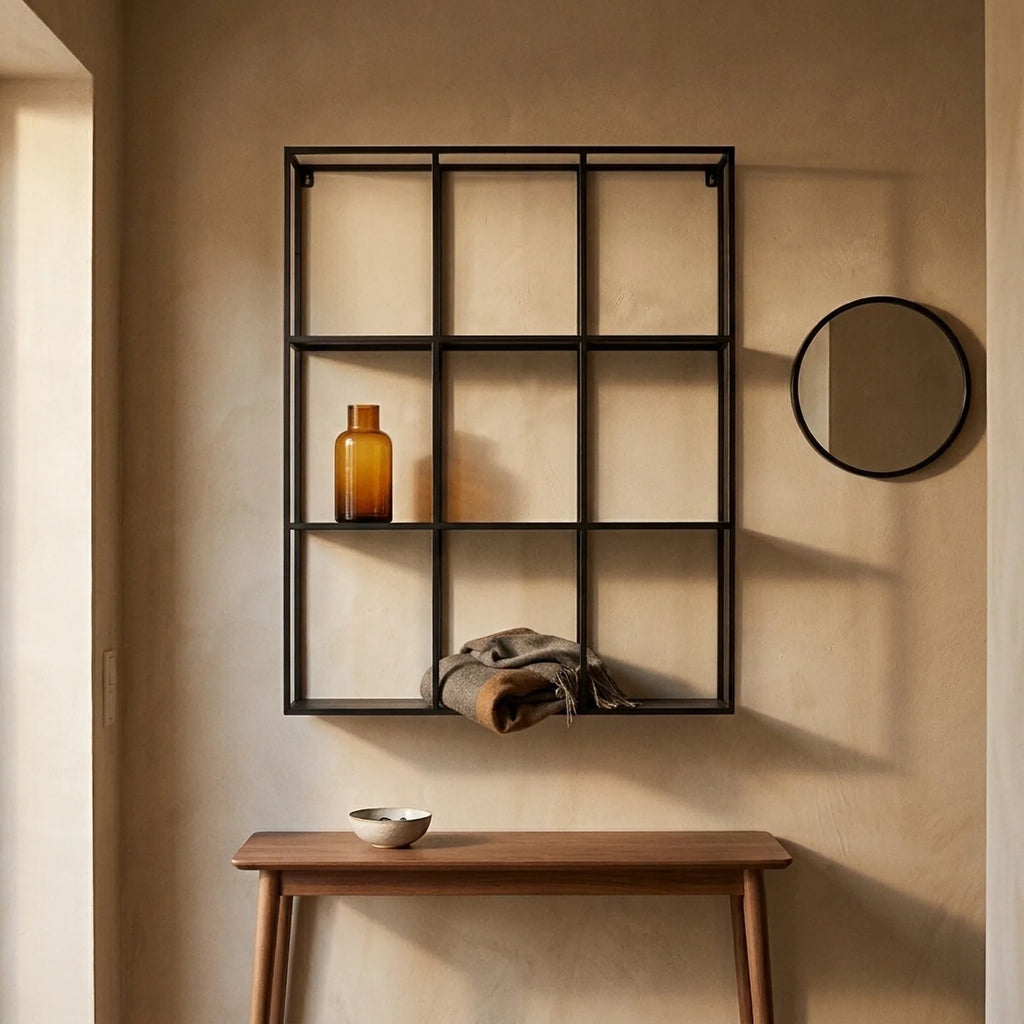 Étagère murale 9 cases en métal noir dans une entrée, au-dessus d'une console en bois, avec un vase ambré et une écharpe