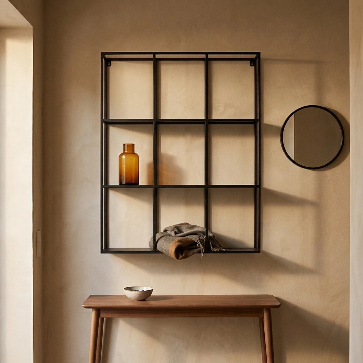 Étagère murale 9 cases en métal noir dans une entrée, au-dessus d'une console en bois, avec un vase ambré et une écharpe
