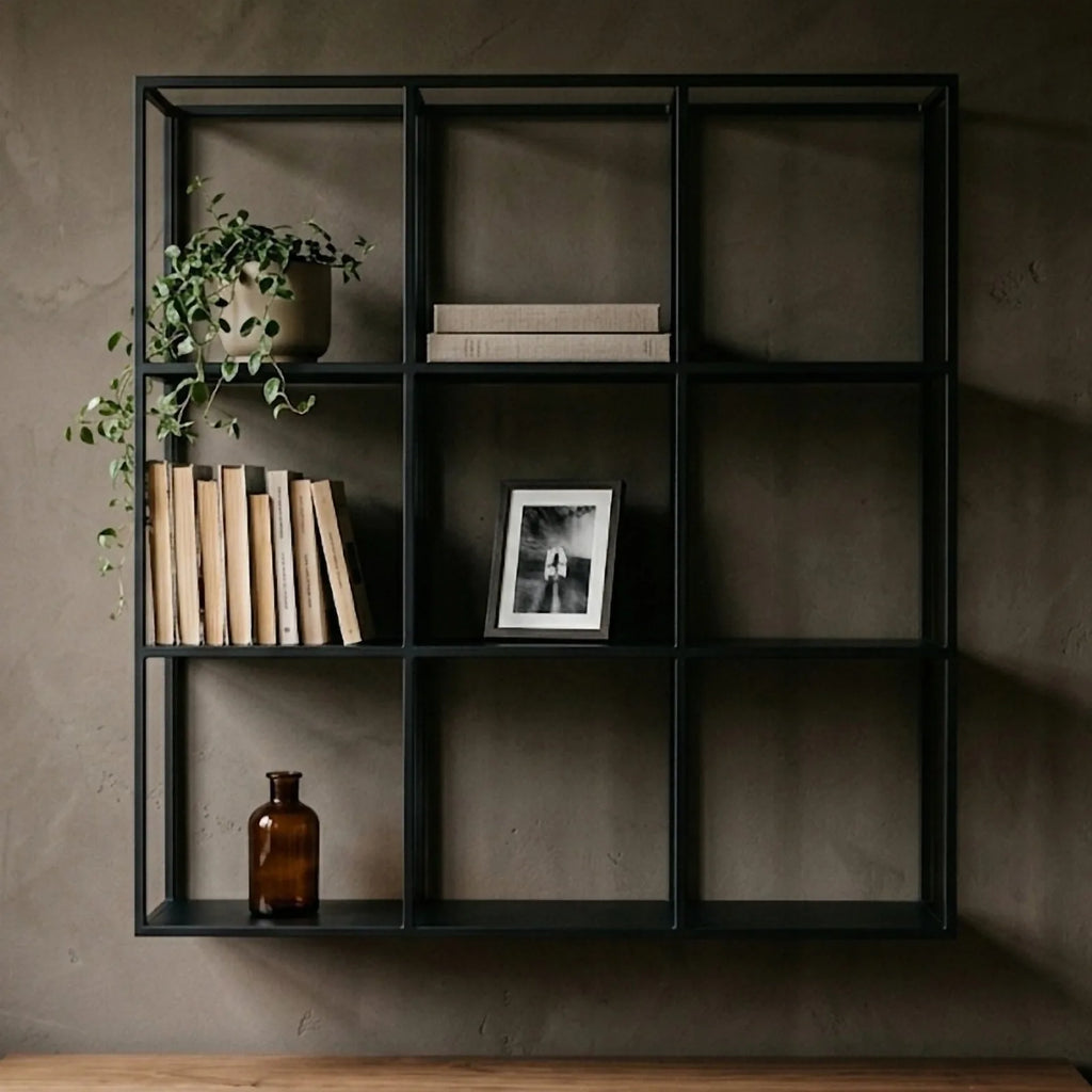 Étagère murale 9 cases en métal noir de face sur un mur sombre, avec livres, plante retombante, cadre photo et flacon ambré