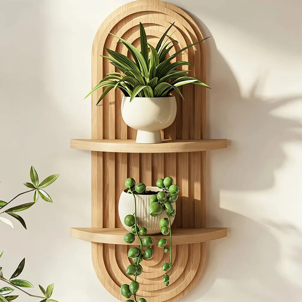 Étagère murale en arche en bois, version 2 niveaux, avec deux plantes en pot