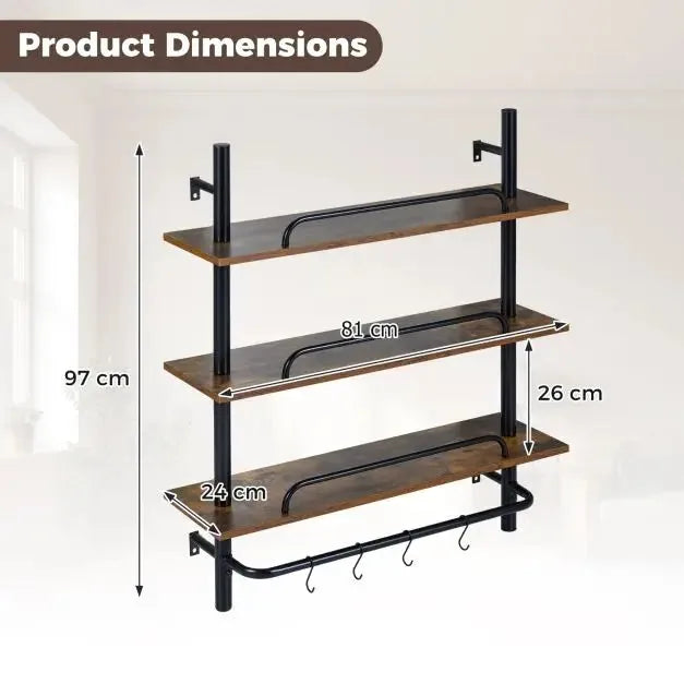 Dimensions de l'étagère murale industrielle : 97 cm de haut, 81 cm de large, 24 cm de profondeur, 26 cm entre deux plateaux