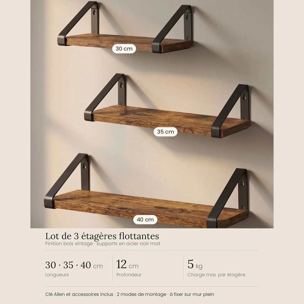 Dimensions des 3 étagères VASAGLE : 30, 35 et 40 cm, profondeur 12 cm, charge 5 kg par étagère