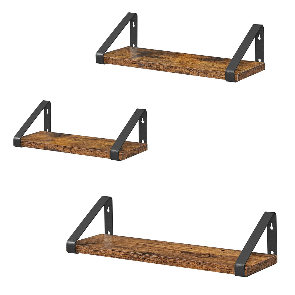 Lot de 3 étagères flottantes VASAGLE effet bois vintage et acier noir, sur fond blanc