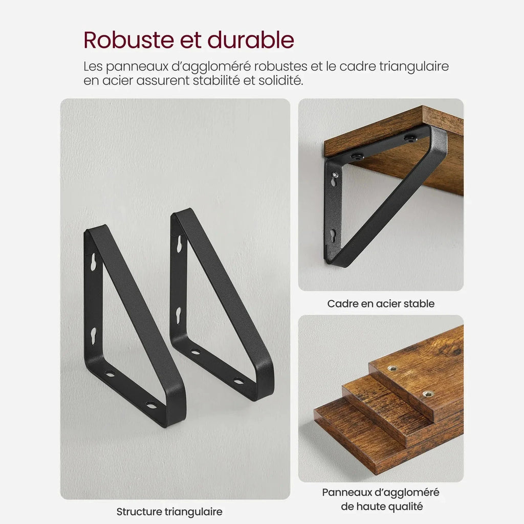 Supports triangulaires en acier noir et plateaux en panneau d'aggloméré des étagères VASAGLE