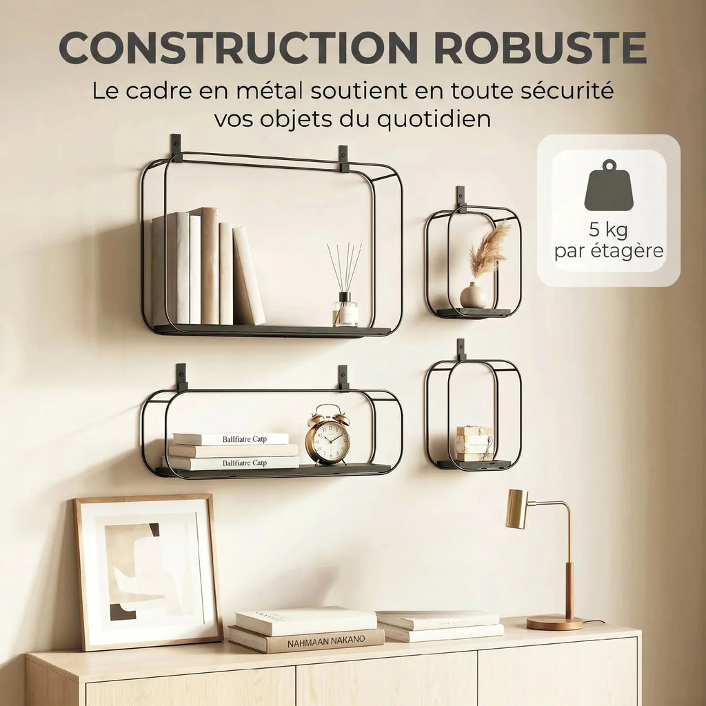 Étagères géométriques noires en métal avec livres et décoration, 5 kg par étagère selon le fabricant