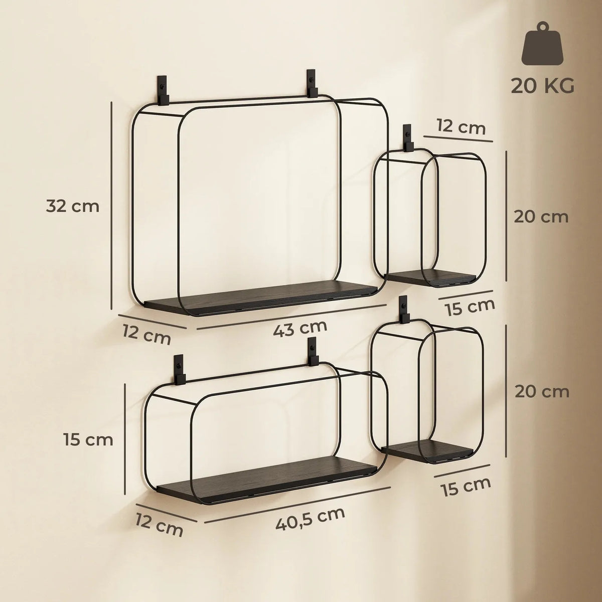 Dimensions des 4 étagères géométriques : 43 x 12 x 32 cm, 40,5 x 12 x 15 cm et deux de 15 x 12 x 20 cm