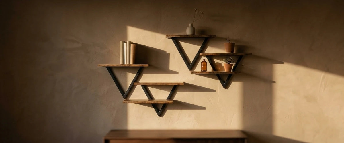 Deux étagères murales triangulaires en bois et métal noir avec livres, vase et plantes au-dessus d'un buffet