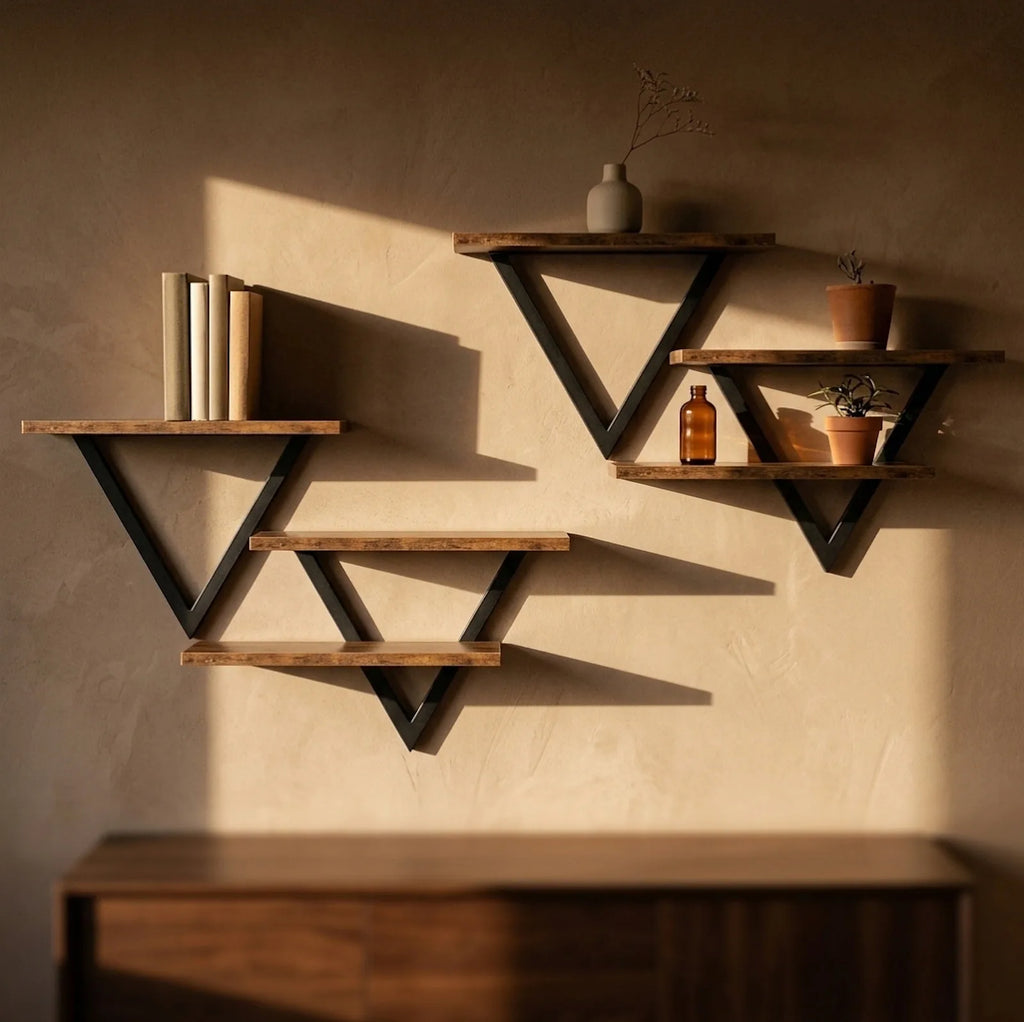 Lot de 2 étagères murales triangulaires bois et métal noir, au-dessus d'un buffet