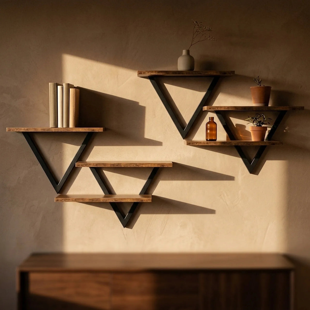 Lot de 2 étagères murales triangulaires bois et métal noir, au-dessus d'un buffet