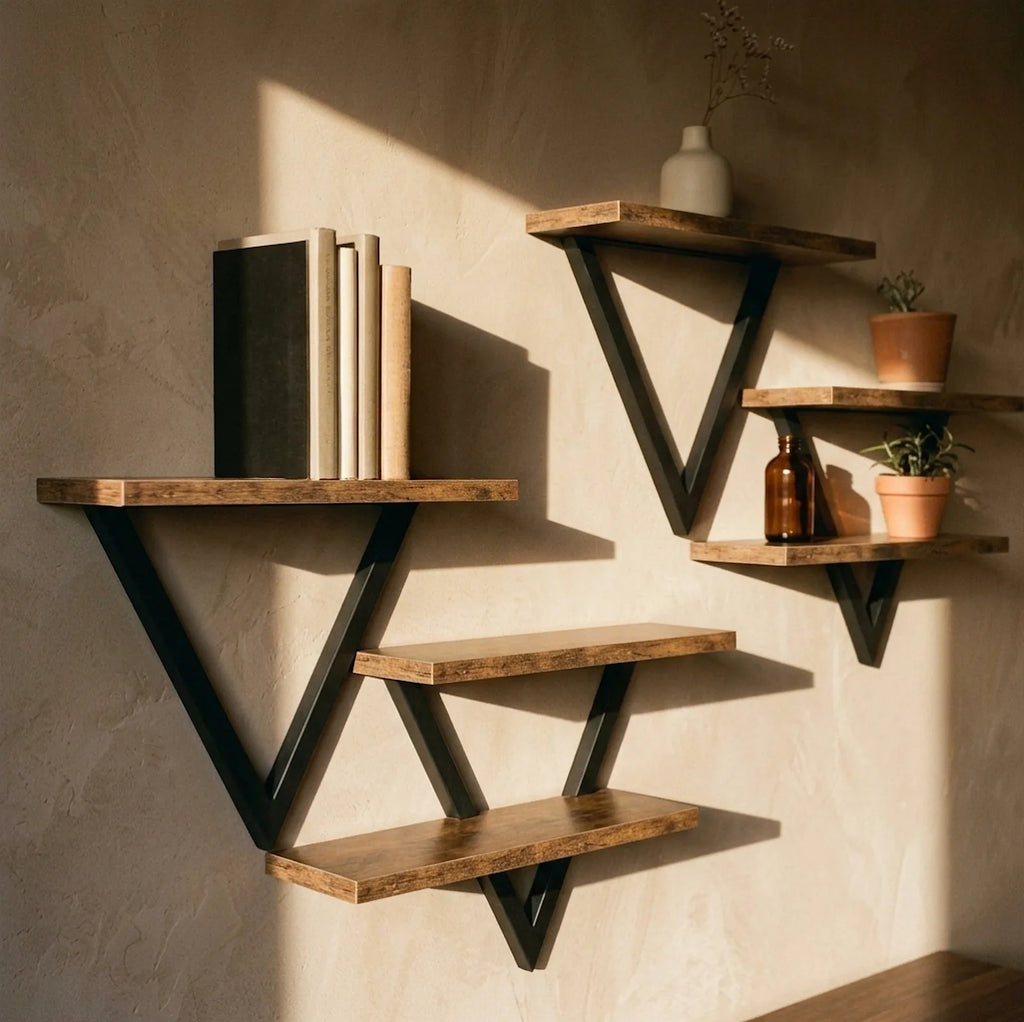 Détail des planches en bois et des triangles en métal noir des étagères triangulaires