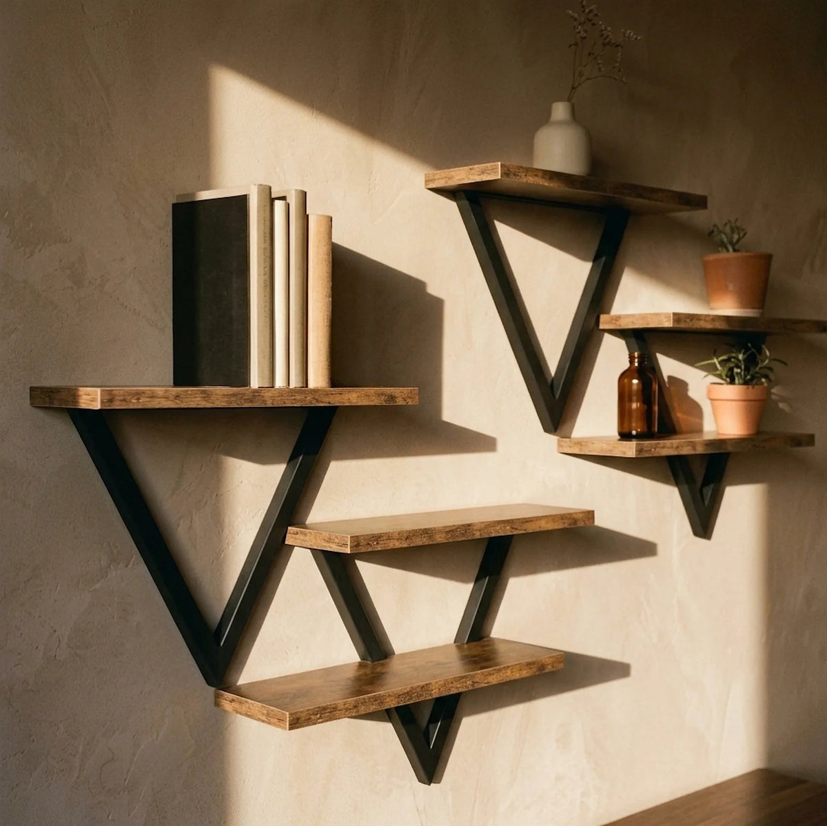 Détail des planches en bois et des triangles en métal noir des étagères triangulaires