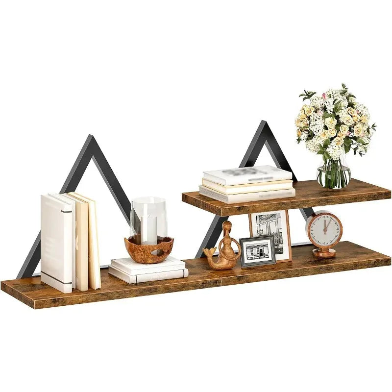 Étagère triangulaire bois et métal avec livres, fleurs et cadres